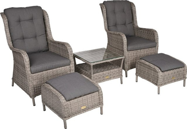 Garden Pleasure Gartenmöbel Valencia Set aus Metall und Kunststoff in Grau mit Armlehnen und Ottoman sowie UV-beständigen Polsterkissen