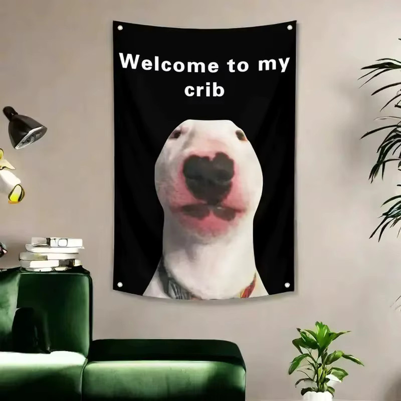 Wandteppich VIKAMA mit Bullterrier-Meme Welcome To My Crib, lustiger Hundewandbehang aus Polyester in Schwarz, B/H: 40 x 60 cm - Bild 2