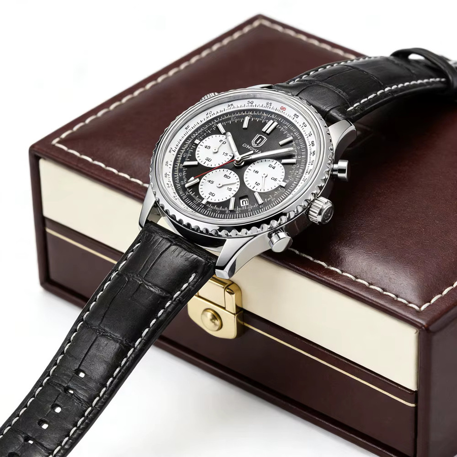 QINGXIYA Armbanduhr Herren, Quarz, Chronograph, Leder, Schwarz - Bild 5