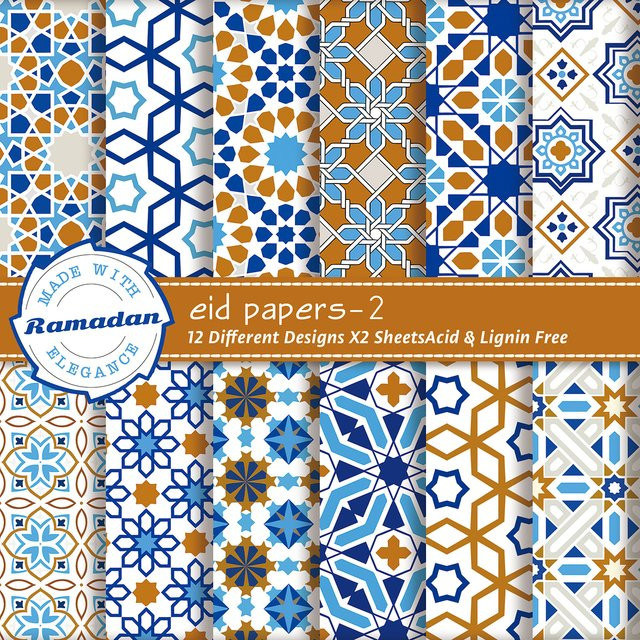 24 Teile Eid Mubarak Scrapbooking Papier Set mit arabischen Hintergründen und islamischen Ramadan Mustern in Multicolour für DIY Handwerk - Bild 1