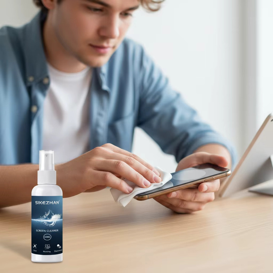 Bildschirmreiniger Set in Weiß mit 50 ml Reinigungsflüssigkeit und Mikrofaser-Poliertuch zur streifenfreien Reinigung von Telefon, Laptop, Tablet und Monitor - Bild 2
