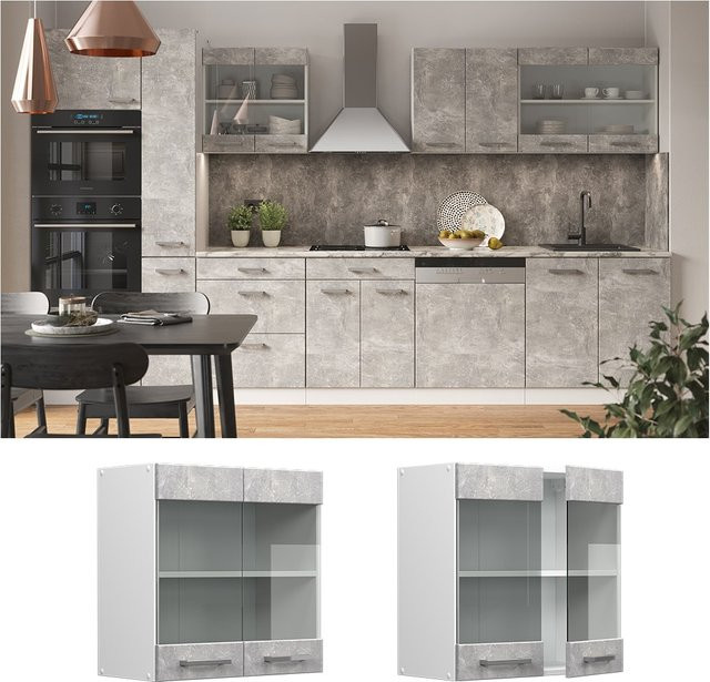 Vicco R-Line Hängeglasschrank Küchenschrank in Weiß und Beton mit Glastüren und Regalfächern, Breite: 60 cm - Bild 1