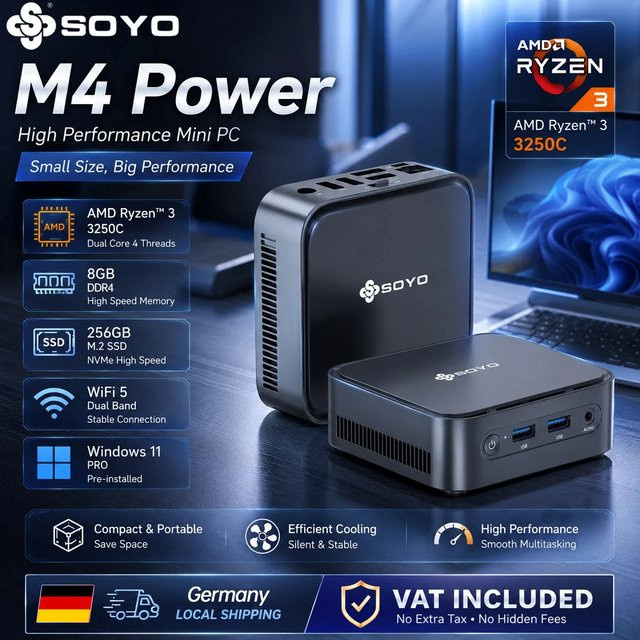 SOYO M4 Power Mini-PC mit AMD Ryzen 3 3250C Prozessor, 8GB DDR4 RAM, 256GB M.2 SSD, Windows 11 Pro, WiFi5 und Bluetooth 5.2, Schwarz - Bild 1