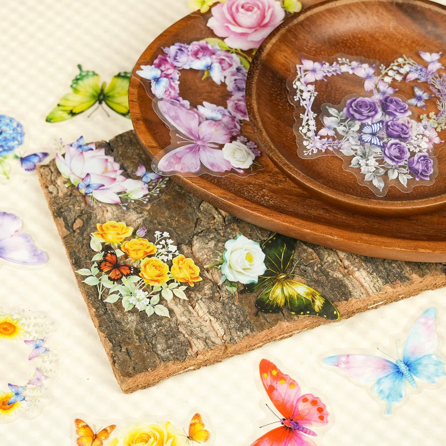Set aus 56 oder 112 transparenten PET Aufklebern mit Schmetterlings- und Blumenmotiven in Multicolour für DIY Schreibwaren und Notebooks - Bild 3