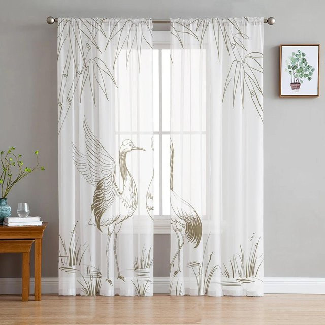 A Family Of Home Textiles Transparent Voile-Vorhang mit Bambus- und Kranich-Motiv in Weiß, Breite: 135 cm, Höhe: 114 cm - Bild 1