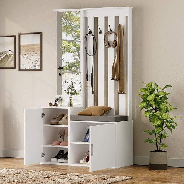 Anajqaqia 6-in-1 Garderobenset in Weiß, modernes Schuhschrank-Set mit Spiegeln, Schubladen, Schuhbank und Haken für den Eingangsbereich, B/T/H: 100 x 40 x 180 cm - Bild 1