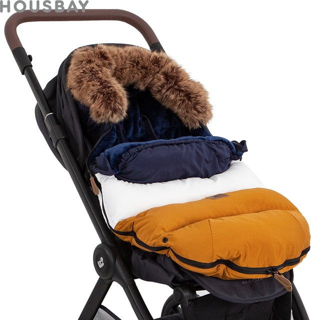 HOUSBAY Kinderwagen Fußsack für 0–24 Monate in Marineblau, Weiß und Braun mit abnehmbarem Pelzkragen und Patchwork-Design - Bild 1