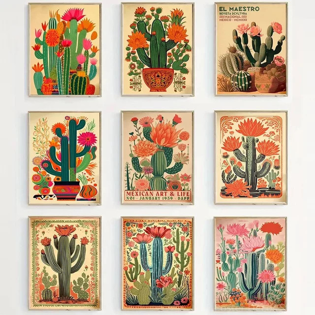 MINISO Retro-Leinwandposter mit mexikanischem Kaktus und floralem Motiv in Mehrfarbig - Bild 1