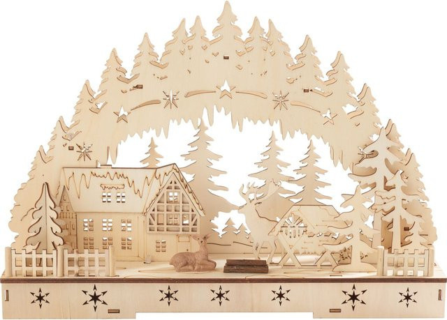 VBS Lichterbogen Rehe am Waldesrand aus Sperrholz in Beige für die Advents- und Weihnachtszeit - Bild 1