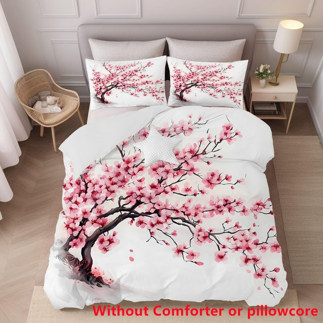 Bettbezug Set mit 3D-Druck Japanischer Berg Fuji und Sakura Kirschblüten in Weiß, inklusive Kissenbezügen, Breite: 135 cm, Länge: 200 cm - Bild 1