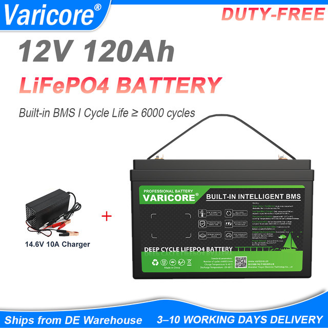 Varicore 12V 120Ah LiFePO4 Lithium-Batterie in Schwarz für Solarsysteme, Wohnmobile und Golfcarts - Bild 1