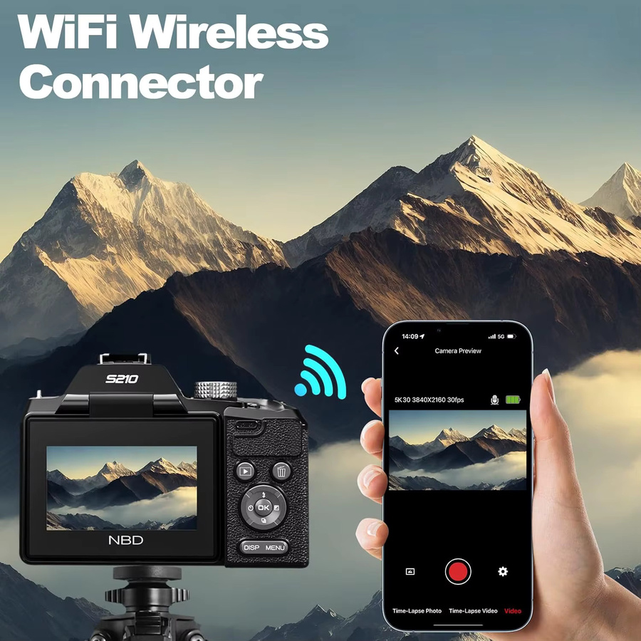 NBD 5K Digitalkamera in Schwarz mit 16-fachem optischem Zoom, WLAN und App-Steuerung sowie 180 Grad drehbarem Bildschirm für Fotografie und Vlogging - Bild 6