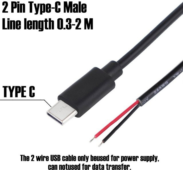 FRHY USB-C auf 2-Pin Blankkabel, 5V 3A, 24AWG, Schwarz, DIY-Datenkabel mit offenem Ende - Bild 1