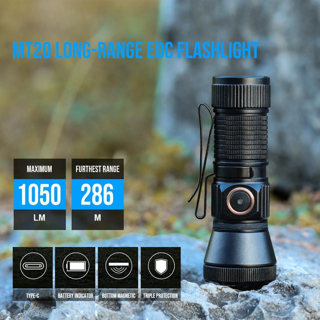 Trustfire MT20 wiederaufladbare EDC-Taschenlampe mit 1050 Lumen, USB-C, schwarze LED-Taschenlampe mit Magnetschwanz und MVB-Optik - Bild 1