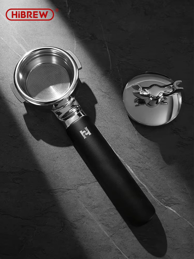 HiBREW V61 58 mm Espresso-Siebträger ohne Boden mit 2-in-1-Doppelauslauf und Filterkorb für H21-Espressomaschinen, Silber - Bild 2