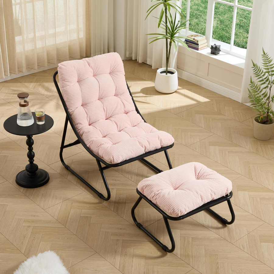 Outdoor-Lounge-Sessel mit Hocker und Polsterkissen in Rosa und Schwarz aus Stahl und Polyester - Bild 2