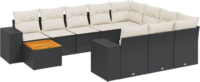 vidaXL 11-teilige Garten-Sofagarnitur in L-Form aus Polyrattan und Akazienholz mit Kissen in Schwarz-Creme - Bild 1