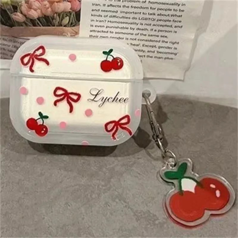 Süße Schleife Kirsche Kopfhörerhülle für Apple AirPods Pro 1 & 2 mit Kirschanhänger und Schutzhülle für AirPods 4 3 2 1 - Bild 2