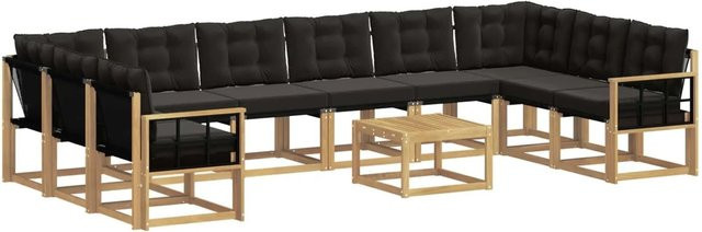 vidaXL Outdoor-Sofagarnitur L-Form aus massivem Akazienholz mit 11 Textilene-Kissen in Weiß-Schwarz - Bild 1