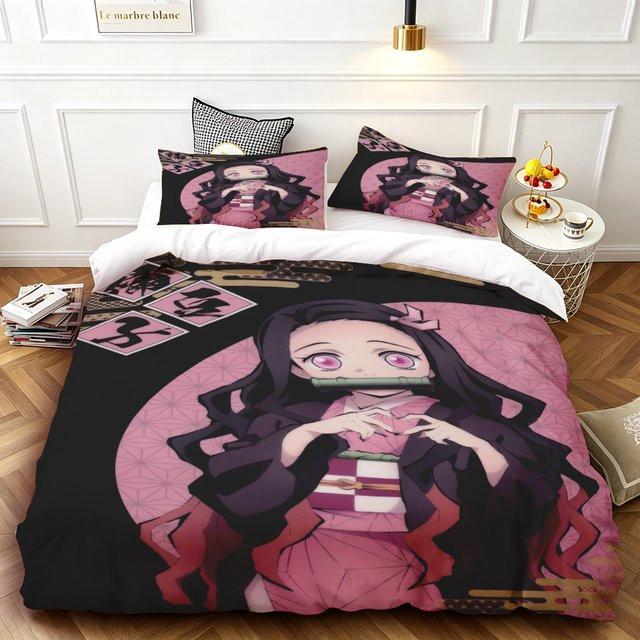 Bandai Demon Slayer Bettwäsche-Set mit Nezuko Motiv in Pink, atmungsaktiver Duvet-Cover für Erwachsene - Bild 1