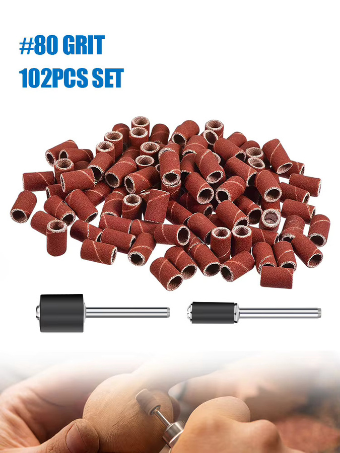 XCAN Schleiftrommel-Set mit 102 Stück und Körnung 80, Schleifbänder mit 3,175 mm Schaftdornen für Dremel-Zubehör und Drehwerkzeuge - Bild 7