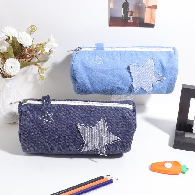 Niedliches Koreanisches Denim-Stern-Federmäppchen in Blau als Organizer für Schulbedarf - Bild 1