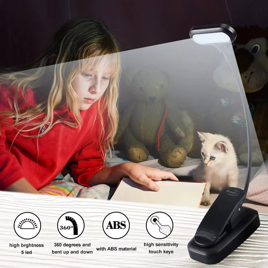 GGBEE LED Clip-On Buchlampe Schwarz, batteriebetriebbare flexible Leselampe für Schreibtisch und Schlafzimmer - Bild 6