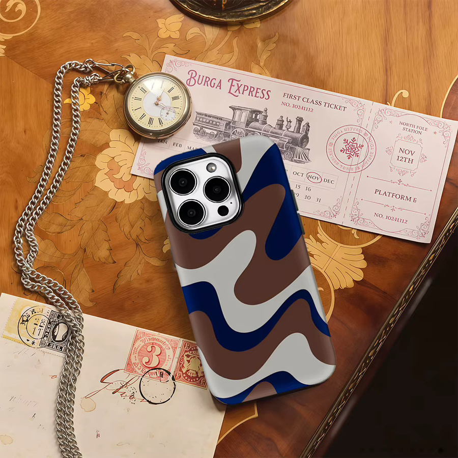 Handyhülle mit Wirbel-Design für iPhone 17 Pro Max, 16, 15, 14, 13, 12, 11 in Braun und Marineblau mit doppellagiger Rückseite - Bild 4