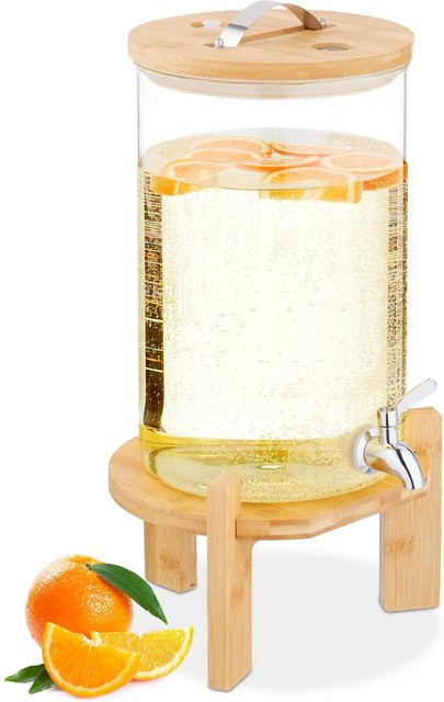 Relaxdays Getränkespender aus Borosilikatglas mit Bambus und Edelstahl in Transparent und Silber inklusive Ständer und Thermometer H x B x T: 30 x 23,5 x 8,46 cm - Bild 1
