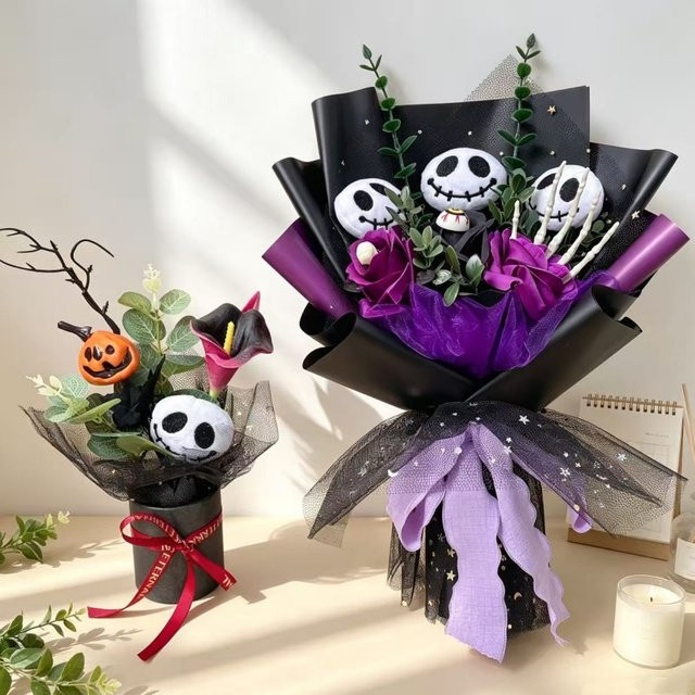 Aoger Halloween Totenkopf Plüschpuppe mit künstlichen Blumen und Spinnen als kreative Handgemachte Tischdekoration - Bild 1