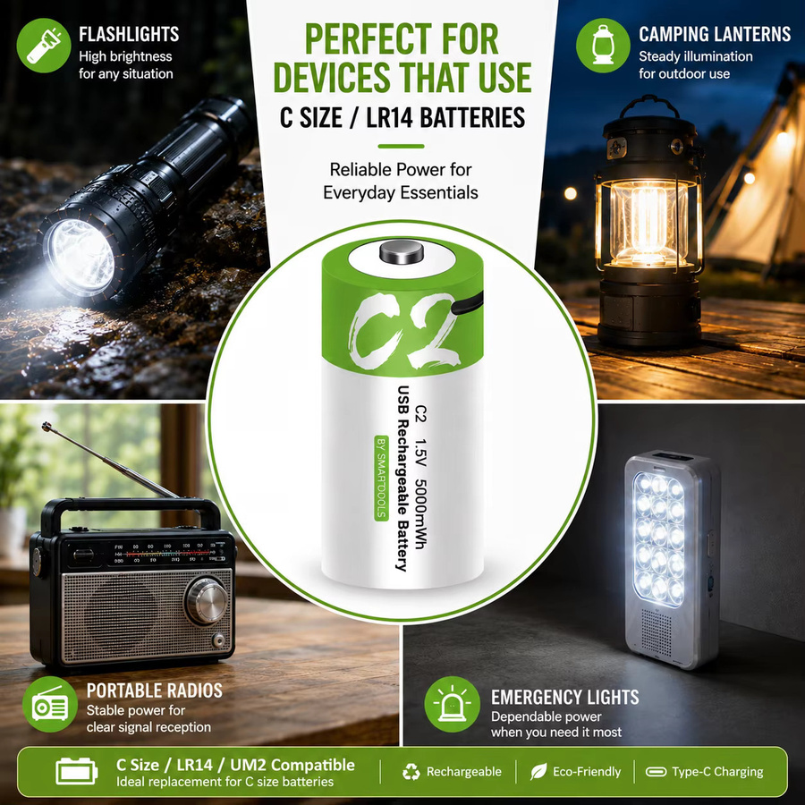 Wiederaufladbare Lithium-Ionen-Batterie LR14 C-Zelle mit USB-C Ladefunktion, 1,5V 5000mWh, Grün - Bild 3