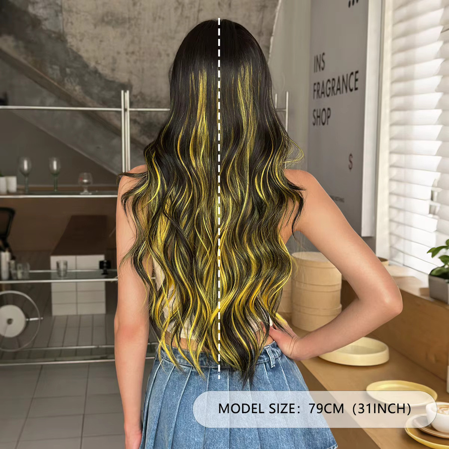 NAMM Halloween Cosplay Perücke, Synthetisch, Schwarz mit gelben Highlights, Damen - Bild 3