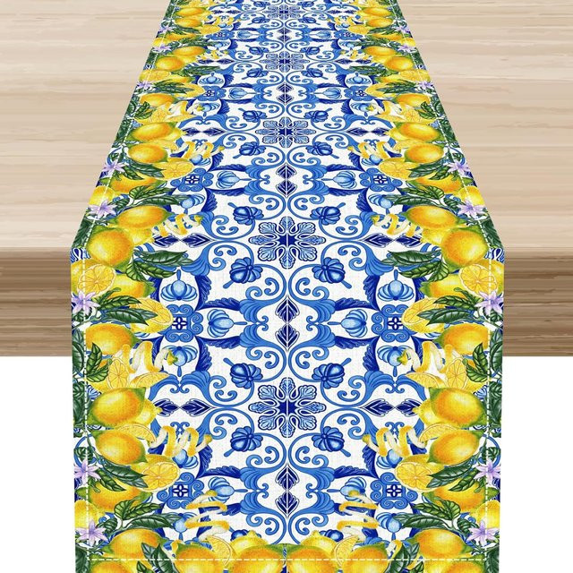 JMG Household Supplies Tischläufer aus Leinen mit blauem Zitronen- und Blumenmuster, B/L: 150 x 33 cm - Bild 1