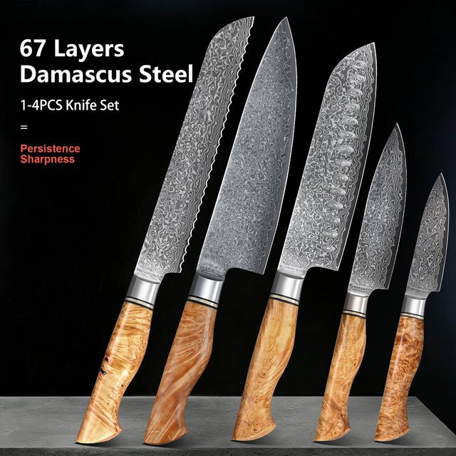 Baovim 5-teiliges Messerset aus 67-lagigem Damaststahl mit Brotmesser, Schälmesser, Allzweckmesser, Kochmesser und Santoku-Messer - Bild 1