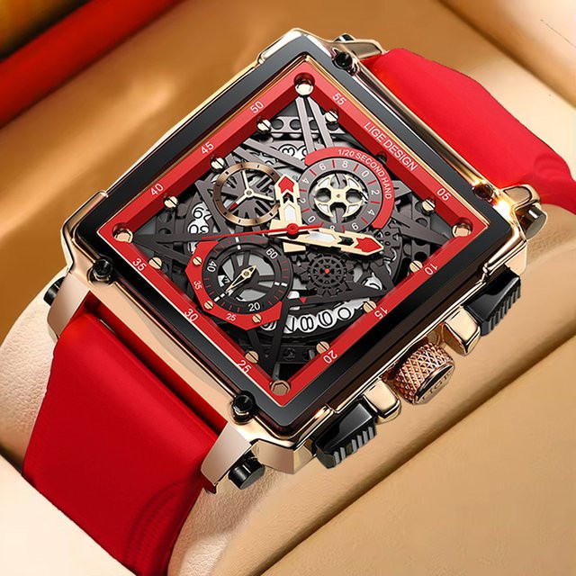 LIGE Chronograph Armbanduhr, Quarz, Eckig, Rot, Silikon, Herren - Bild 1
