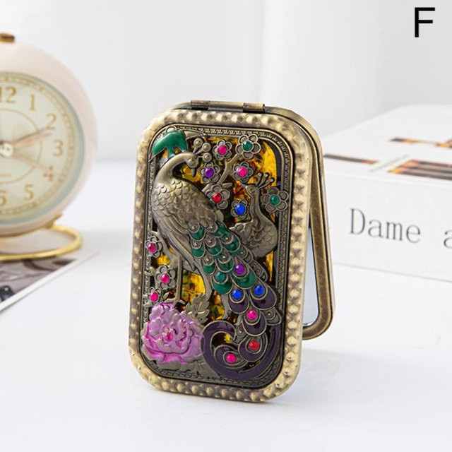 Vicissitudayk Faltbarer Retro-Handspiegel mit Pfauenmuster in Multicolour, kompakter rechteckiger Taschenspiegel mit Vergrößerung aus Metall und Glas - Bild 1