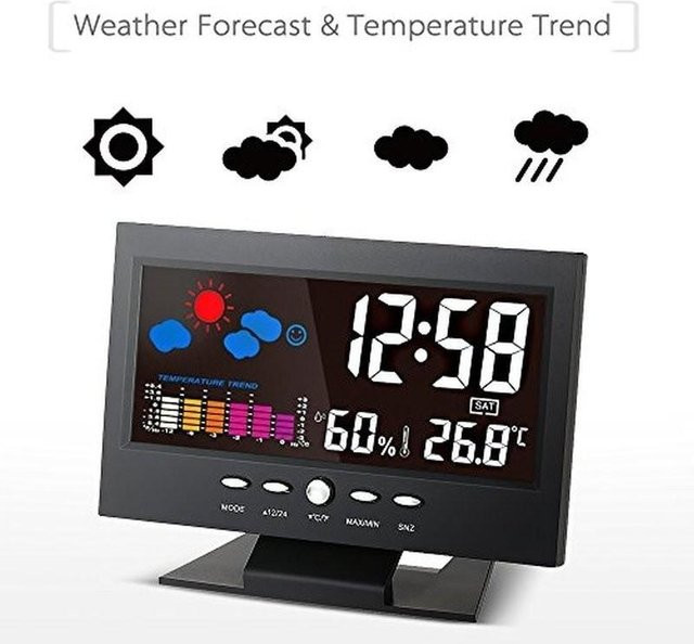 Flylo Digitaler Schlummerwecker mit LCD-Farbbildschirm in Schwarz inklusive Temperatur- und Luftfeuchtigkeitsmonitor sowie Wettervorhersage - Bild 1