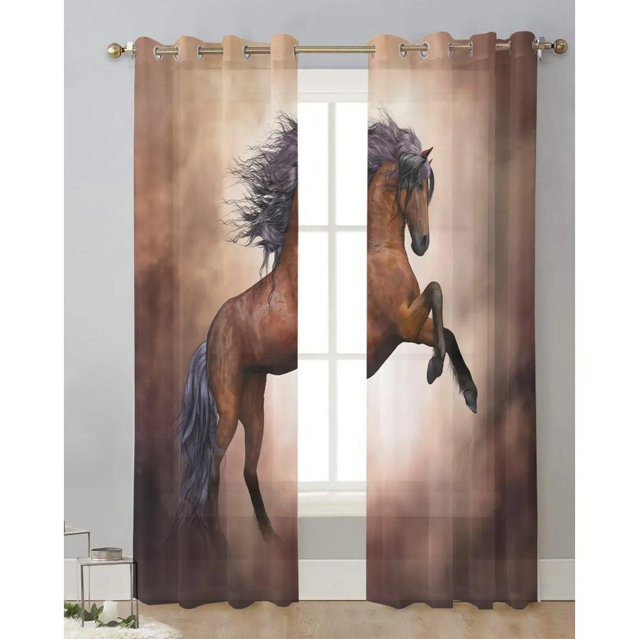 Yiran Furniture Transparentes Voile-Fenstervorhang mit Pferdemotiv in Braun, Organza-Tüll für Wohnzimmer und Schlafzimmer, B: 135 cm, H: 115 cm - Bild 3