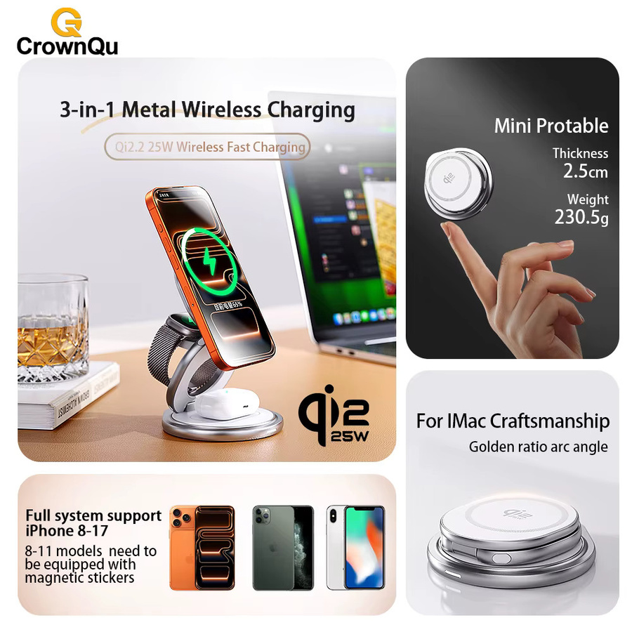 CrownQu Tragbares 25W Metall Wireless Ladegerät Qi 2.2 Schnelle Ladestation mit 360 Grad drehbarer Halterung und Ständer in Silber für iPhone, Apple Watch und AirPods - Bild 2
