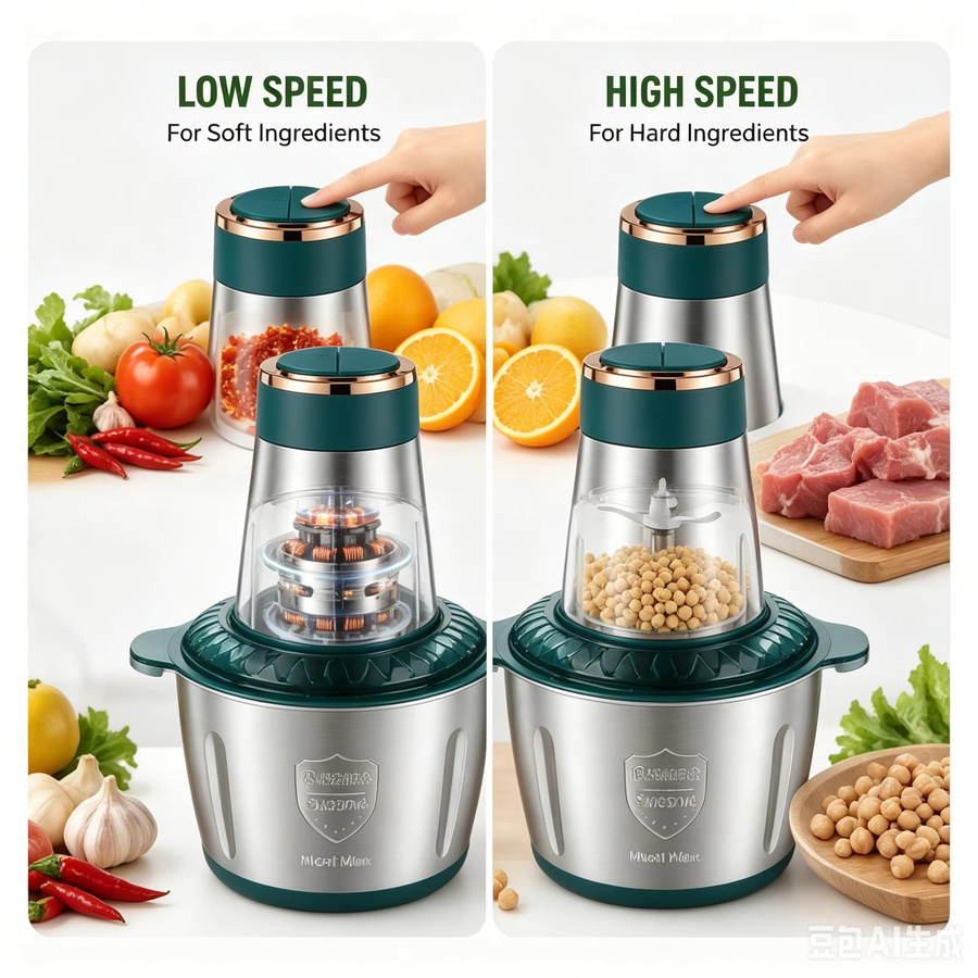 WUIETI 2-Gang Multifunktions-Zerkleinerer aus Edelstahl in Silber, 250W elektrischer Fleischwolf und Mini-Küchenmixer zum Zerkleinern von Fleisch, Nüssen, Früchten und Bohnen - Bild 2