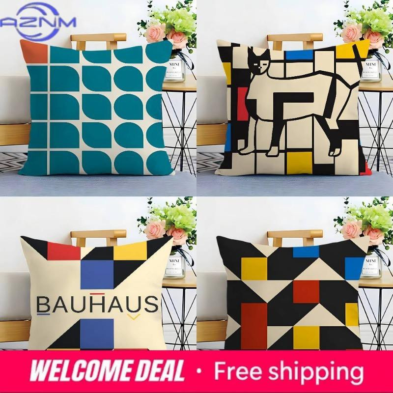 Abstrakter B-Bauhaus Geometrie Kissenbezug aus weichem Plüschstoff mit beidseitigem Druck, B/H: 18 x 18 cm - Bild 3