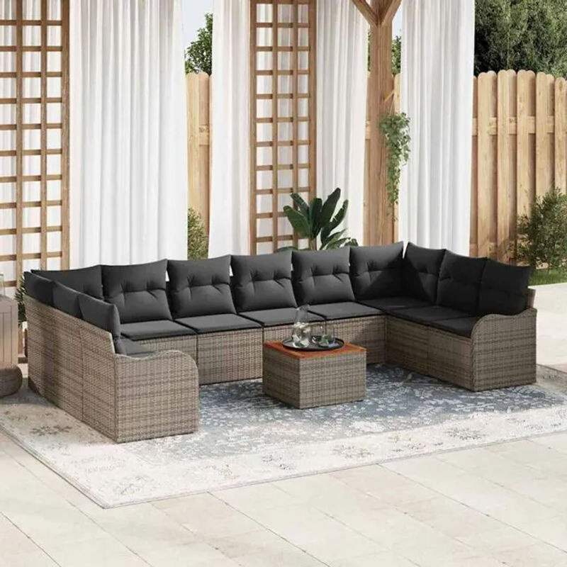 vidaXL Garten-Sofa-Set aus 11 Teilen in Grau, modernes Polyrattan-Loungemöbel-Set mit Akazienholz und Stahl - Bild 1