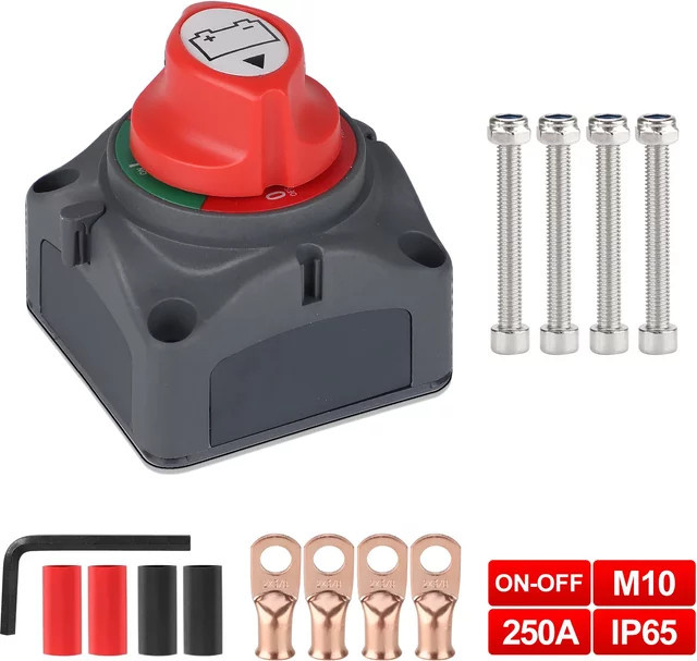 MINESPEED Wasserdichter Batterie-Trennschalter IP65 mit Anschluss für 12 V–48 V, 2 Positionen für LKW, Boot, Yacht, Wohnwagen und Motorrad - Bild 1