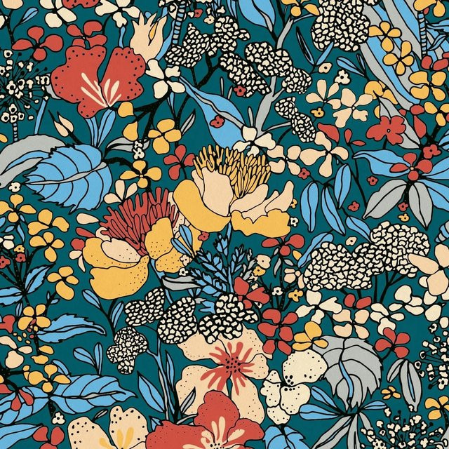 Profhome Tapete Dschungel Blumen Motiv in Blau Rot Braun Orange Matt, Non-Woven, Breite: 0,53 m, Länge: 10,05 m - Bild 1
