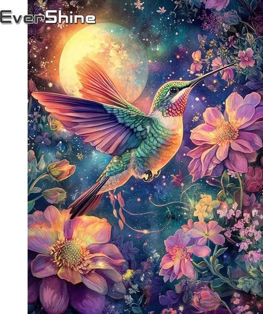 EverShine Diamantmosaik Stickerei mit Vogel, Mond und Blumen in Mehrfarbig, B/H: 30 x 20 cm - Bild 1