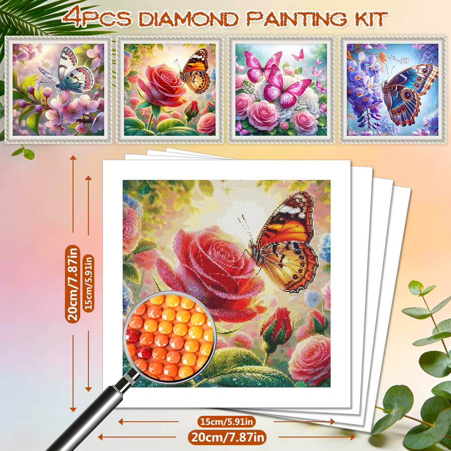 EverShine 4-teiliges Diamantgemälde Set mit Schmetterling und Blumen, DIY Mosaik-Stickerei mit runden Strasssteinen in Multicolour, Wanddeko - Bild 2