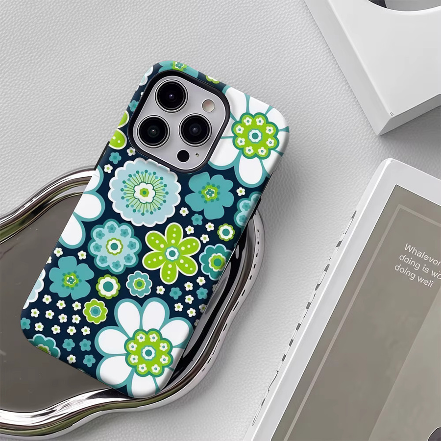 Handyhülle mit blauem und grünem Blumendruck für Apple iPhone 11 bis iPhone 17 Pro Max Plus mit doppelschichtiger Rückseite - Bild 5