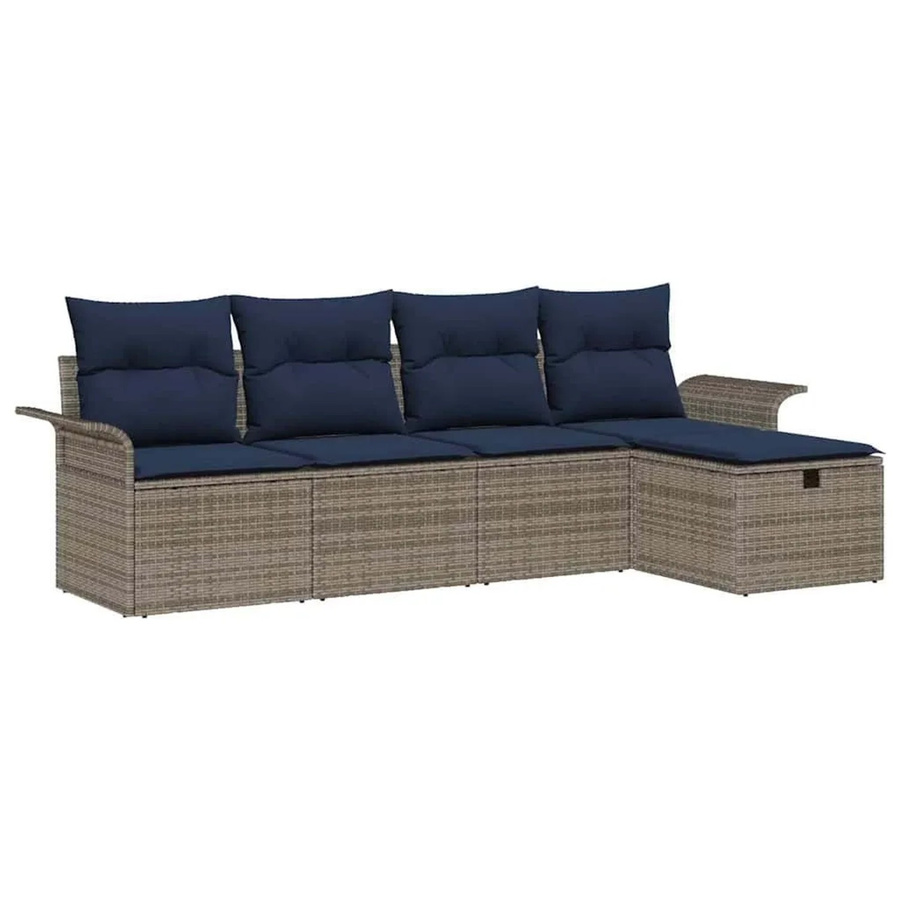 vidaXL Gartensofa-Set aus Polyrattan mit 5 Teilen, L-Form Lounge-Set mit Kissen und integriertem Stauraum in Grau und Blau - Bild 2