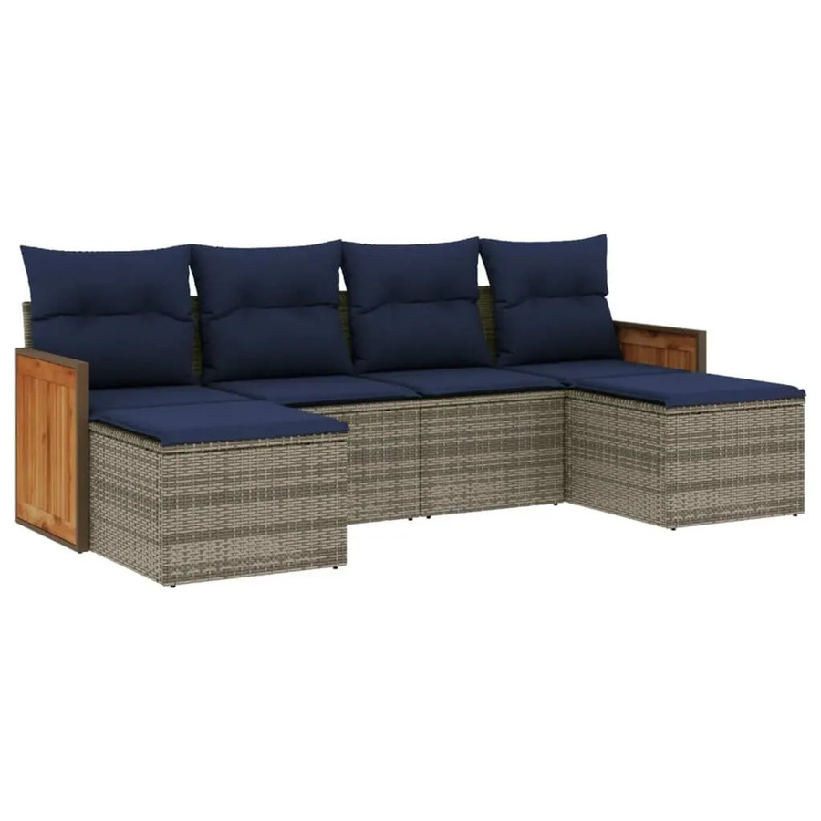 vidaXL 6-tlg. Gartensofa-Set in L-Form mit Polyrattan und Kissen, Grau und Blau - Bild 2