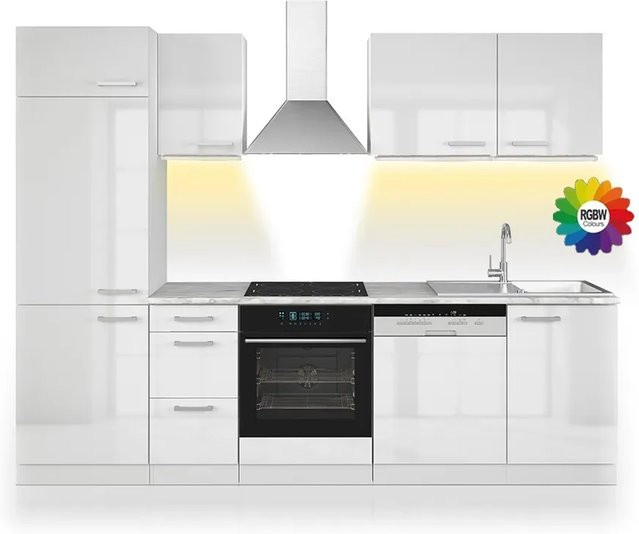 Vicco Optima Küchenzeile Weiß in Hochglanz mit LED-Leisten, Breite: 270 cm - Bild 1